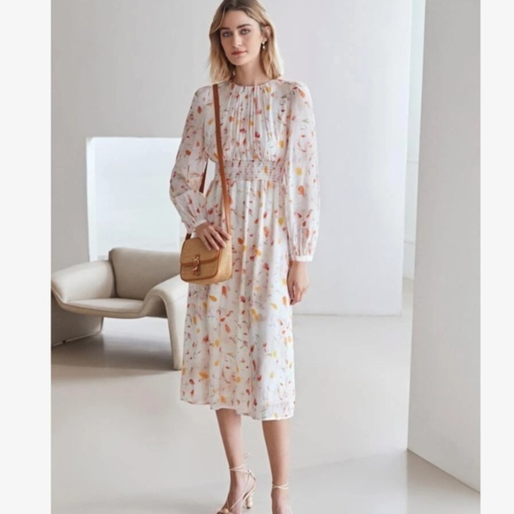 Premium Viscose Long Sleeve Brush Stroke Print Dress - NWT